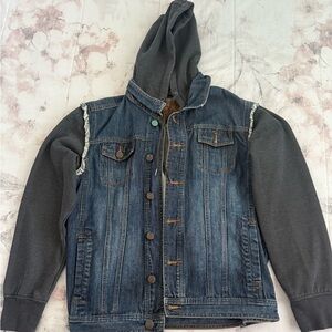 Men’s Denim and Gray Hooded Jacket